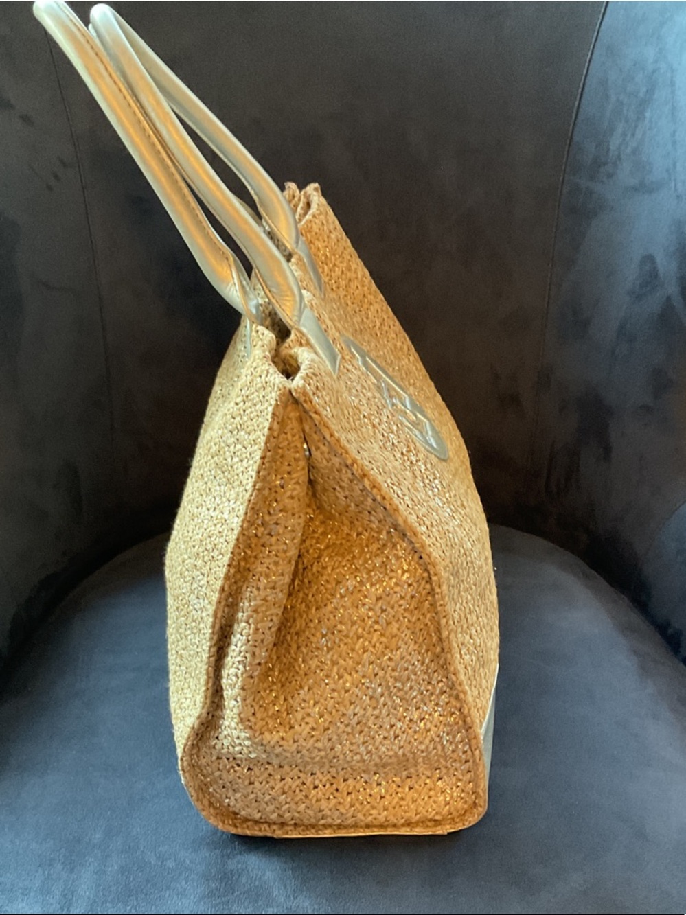 Tory Burch Tan Raffia Tote with Silver Leather Trim - Picture 5 of 10
